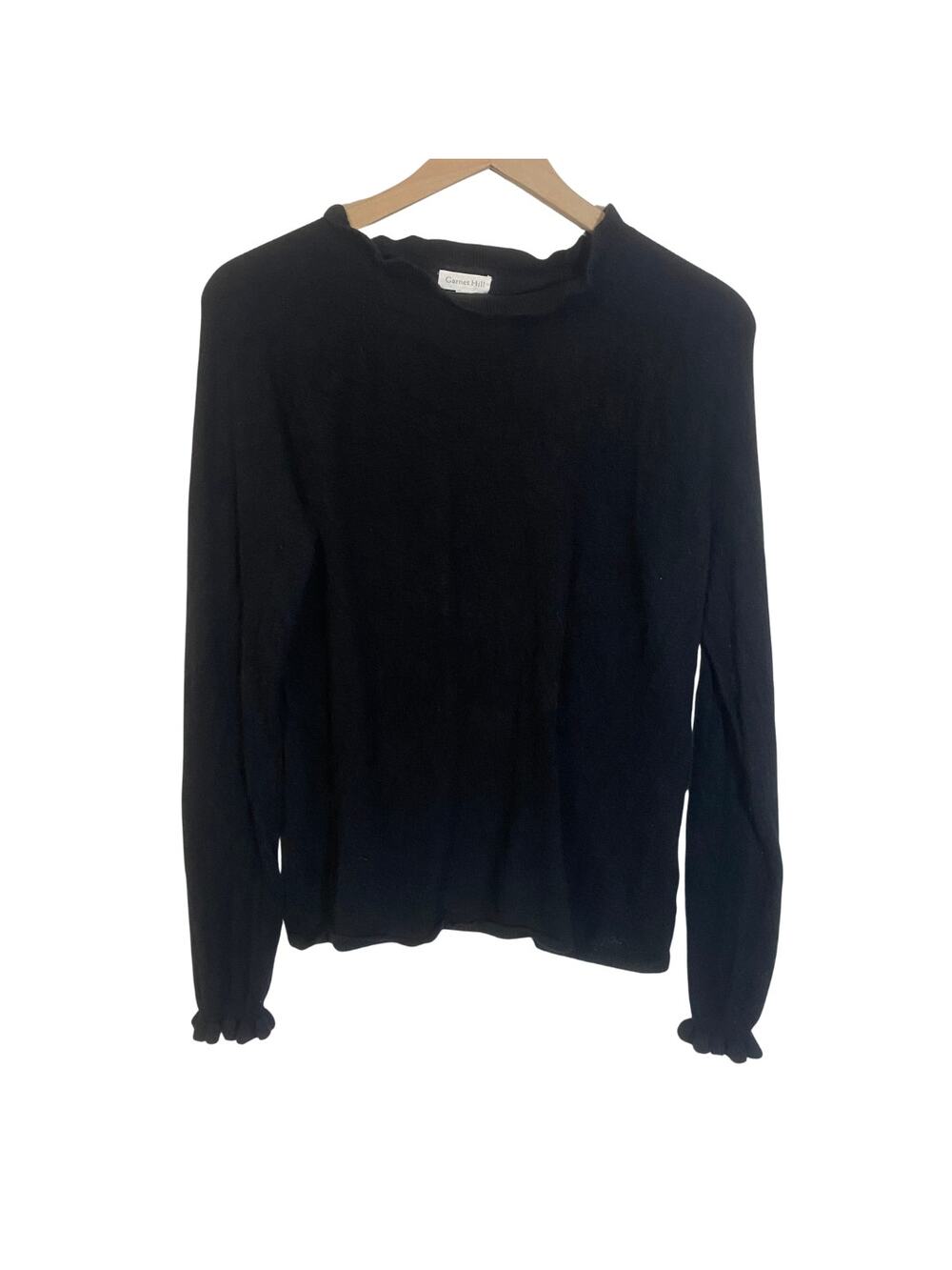 Garnet Hill 100% Cashmere Black Ruffle Accent Sweater Fuzzy Knit Sz M